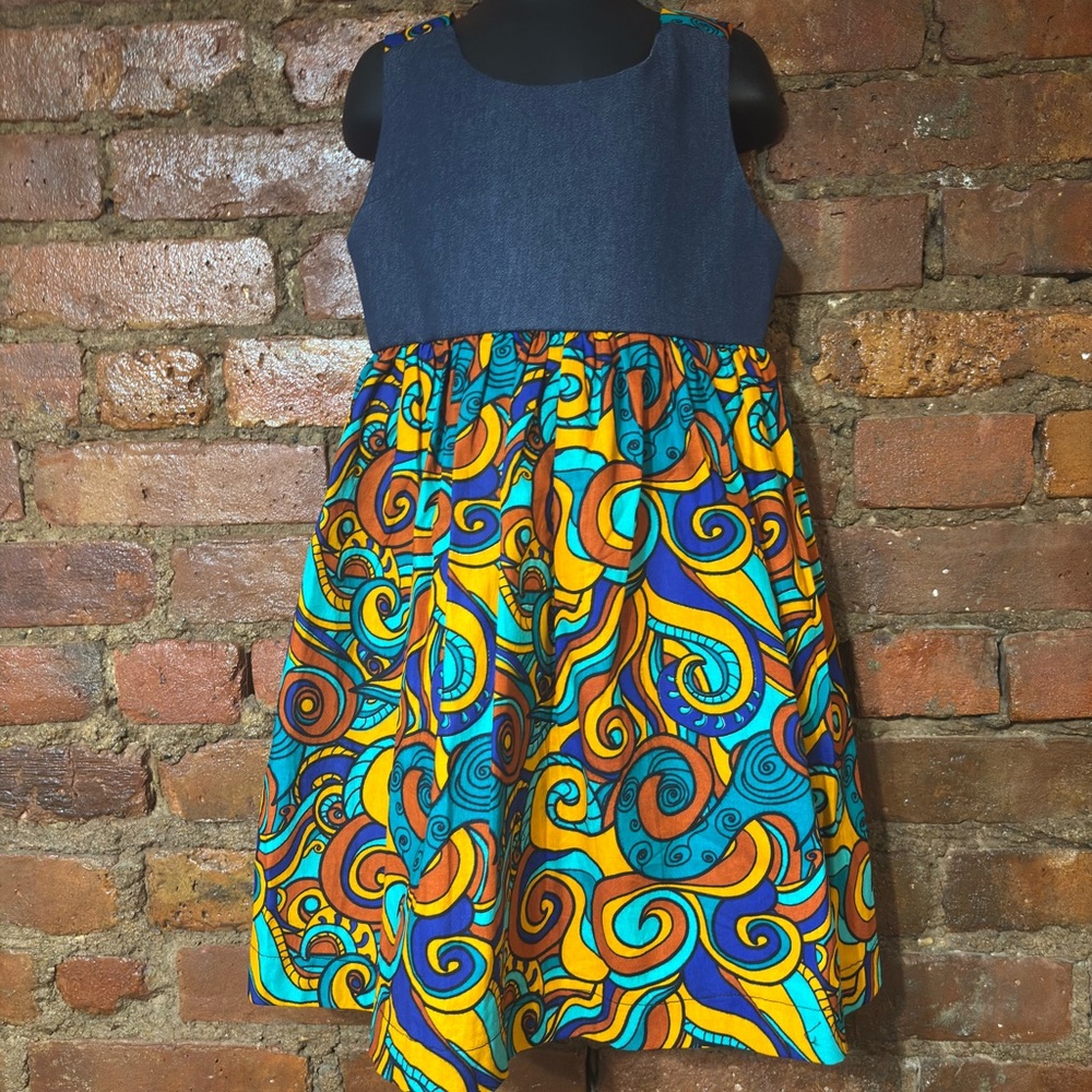 Blue Denim Bodice Girls Dress with Vibrant Multicolor Swirl Skirt